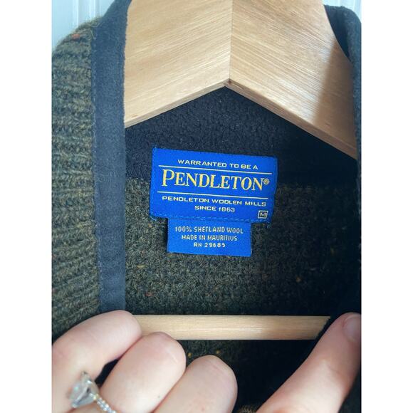 PENDLETON SWEATER JACKET MENS M FULL ZIP GREEN 100% SHETLAND WOOL OUTDOORS - Picture 3 of 5